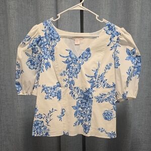 Rachel Parcell Blue and white Cottagecore Floral Blouse Sz L